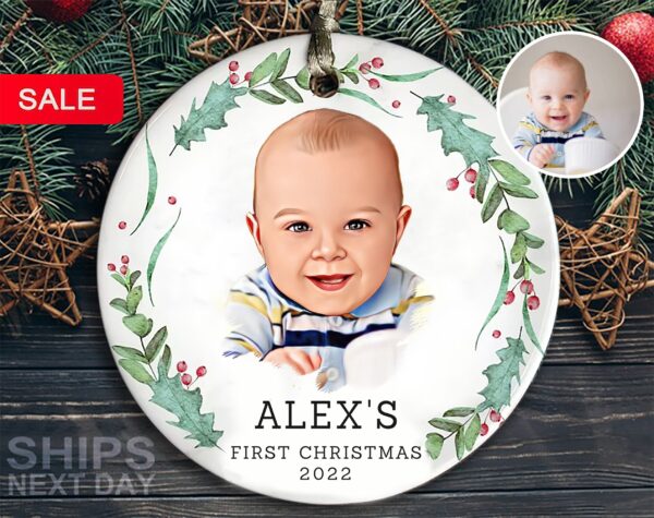 Baby's First Christmas Ornament, Personalized New Baby Ornament 2022, Personalized Baby Stats First Christmas, Ceramic Photo Ornament
