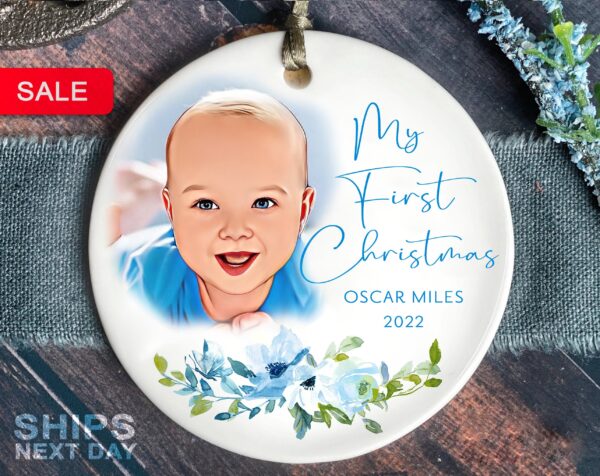 My First Christmas Ornament, Custom Baby Ornament Made from Photo, Personalized Baby Stats First Christmas, Baby Portrait Ornament