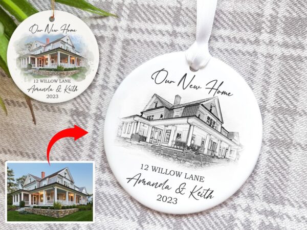 NEW! Personalized Pencil House Sketch Ornament, Custom Watercolor House Ornament, House Portrait, New Home Photo Ornament 2023, Couples Home