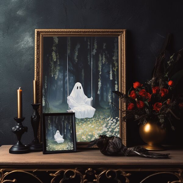 Ghost On The Swing Vintage Poster, Sheeted Ghost Art Print, Art Poster Print, Dark Academia, Haunting Ghost, Halloween Decor, Halloween Gift