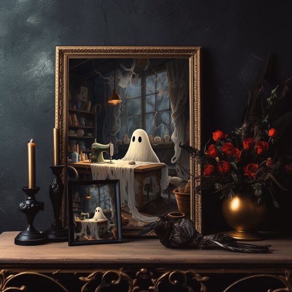 Ghost Sewing, Vintage Poster, Art Poster Print, Dark Academia, Haunting Ghost, Halloween Gift, Halloween Decor Gift for Quilter Sewing Lover