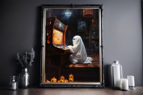 Ghost Playing Arcade Games Machine, Vintage Poster, Nostalgia Poster, Dark Academia, Haunting Ghost, Halloween Gift, Gothich Retro