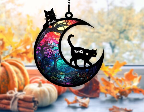 NEW! Personalized Black Cat Suncatcher Halloween Decoration, Cat Memorial Suncatcher, Engraved Cat Lovers Gift, Halloween Suncatcher Gift