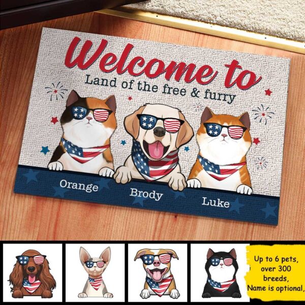 4th July Pet Doormat, Welcome Land Of Free & Furry, Pet Lover Gift, Funny Mat, Holiday Decor Gift, Cat Dog Mat
