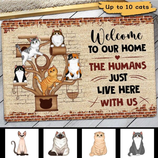 Custom Cat Doormat, Cat Tower The Humans Just Live Here With Us, Personalized Mat, Home Decor, Cat Lover Gift, Funny Welcome Mat, Cat Rug