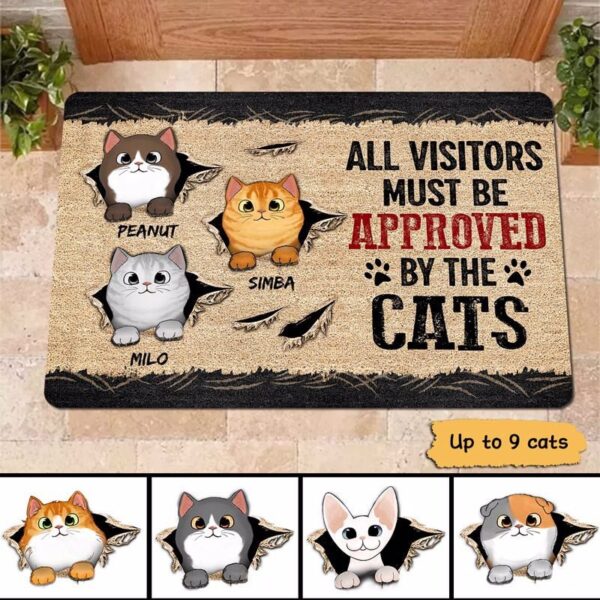 Custom Cat Doormat, Cat Scratch All Visitors Must Be Approved By The Cats, Personalized Mat, Home Decor, Cat Lover Gift, Funny Doormat